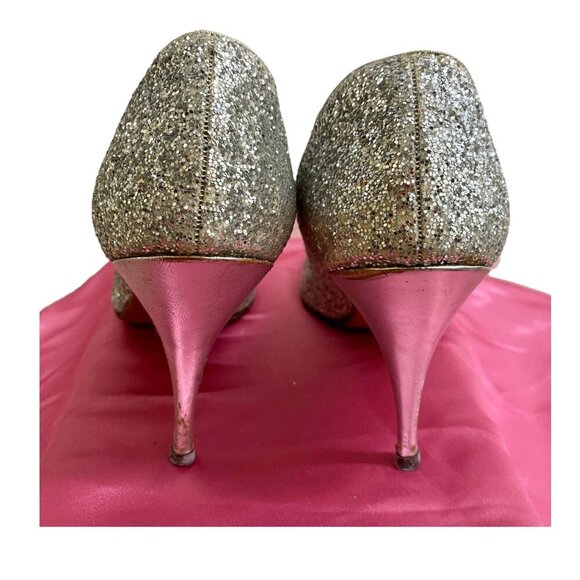Vintage 1950s Schiaparelli Silver Glitter Pumps w/ Bow & Rhinestone Sz 10 3A - Picture 4 of 8